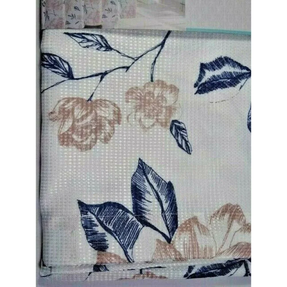 Floral Fabric Bathroom Shower Curtain Flowers Mauve Navy Blue Leaves on White